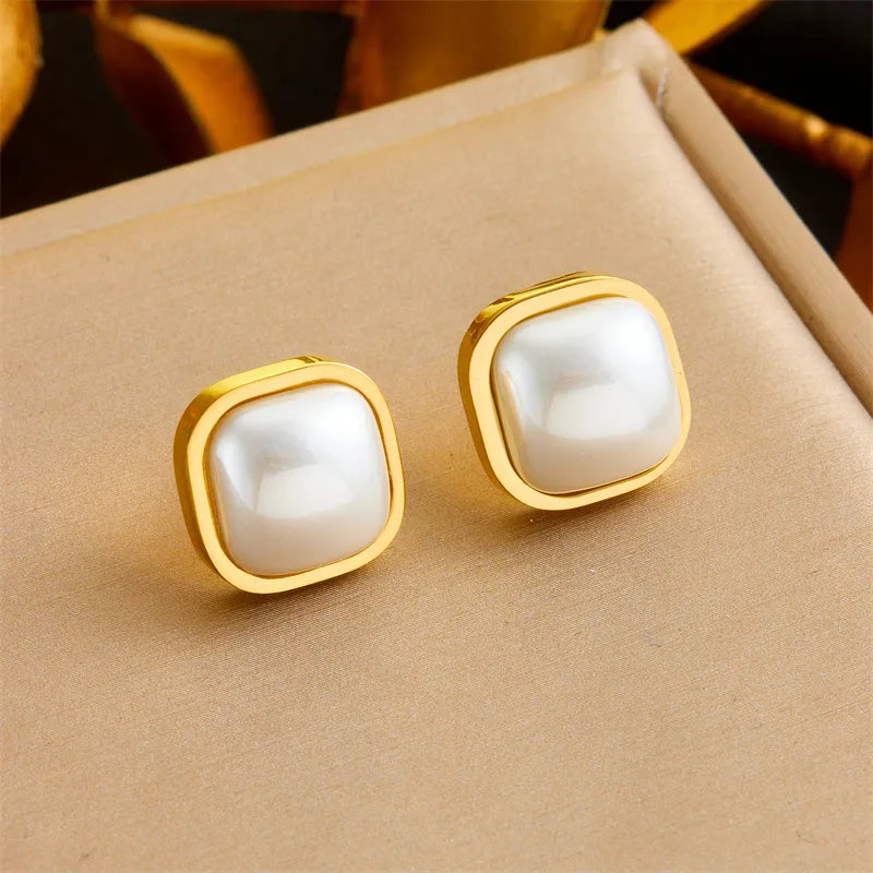 Pearl Square Gold Stud Earrings