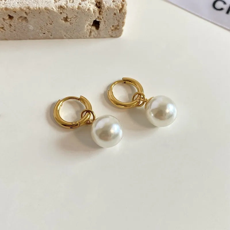 Pearl Drop Hoop Earrings Gold