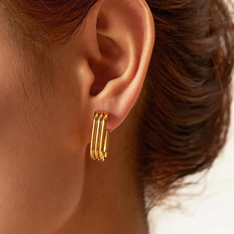 Layered Rectangular Hoop Earrings Gold