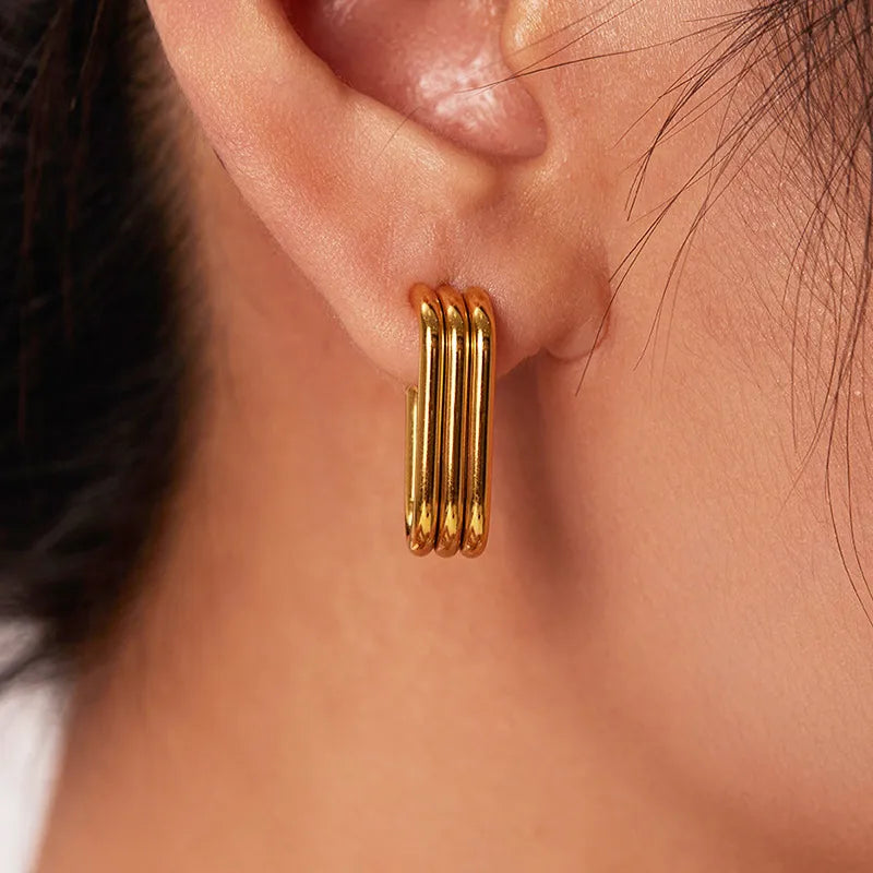 Layered Rectangular Hoop Earrings Gold