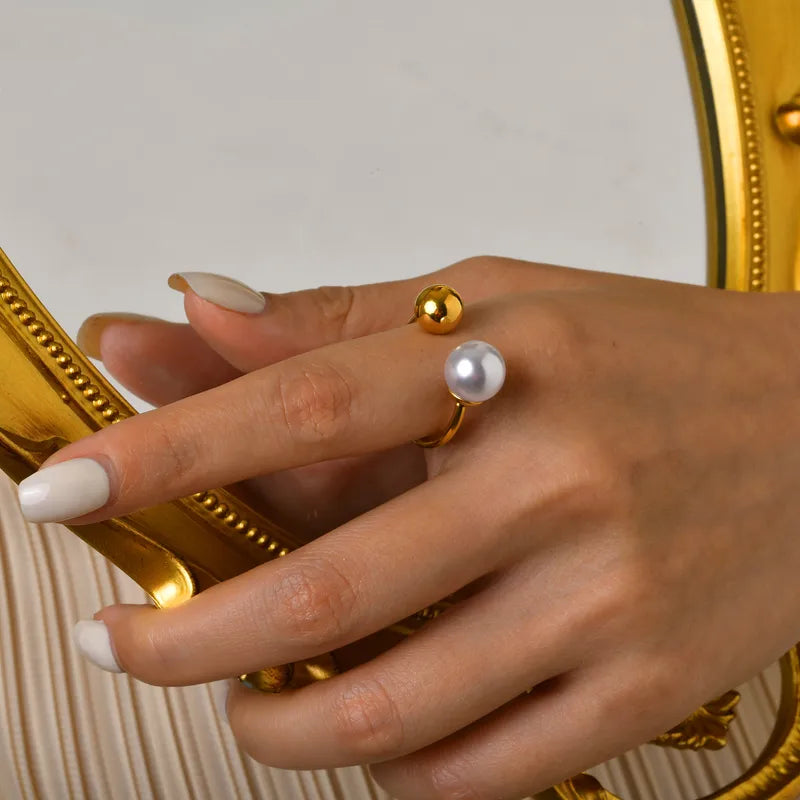 Pearl and Gold Ball Adjustable Ring