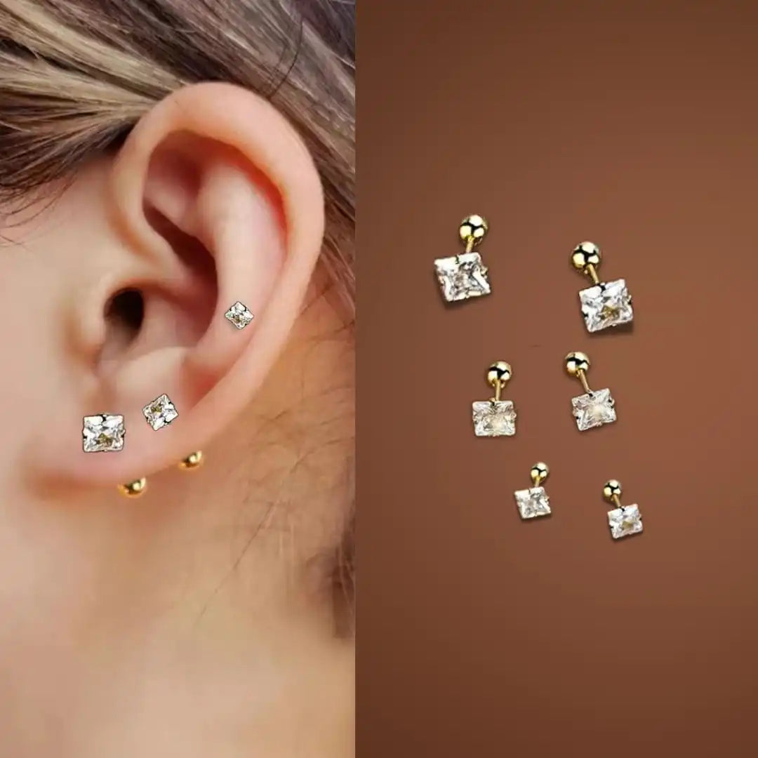 Princess Cut Stud Earrings (3 pairs)