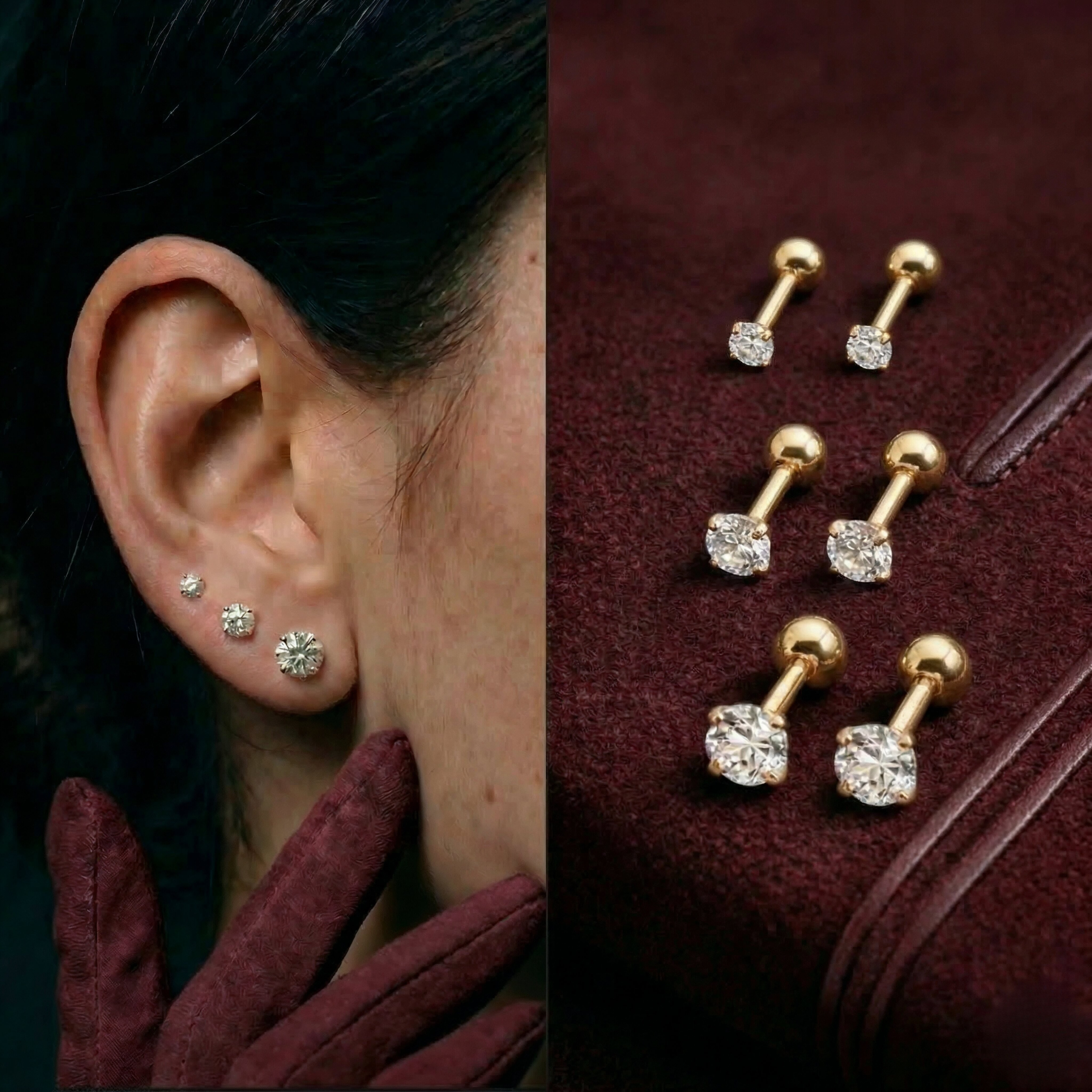 Crystal Stud Barbell Earrings (3 pairs)