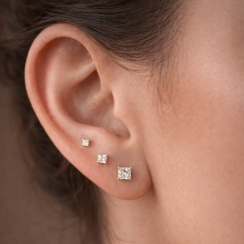Princess Cut Stud Earrings (3 pairs)