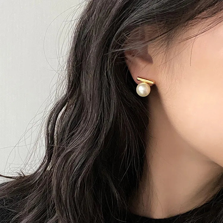 Gold Pearl Bar Earrings