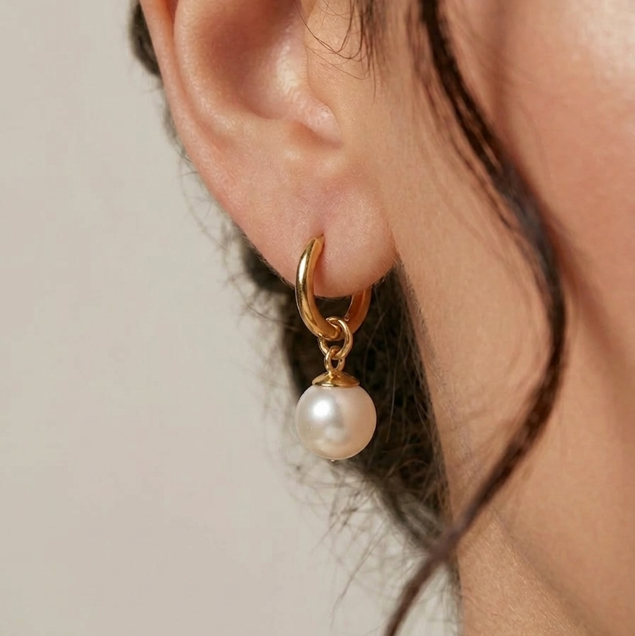 Pearl Drop Hoop Earrings Gold